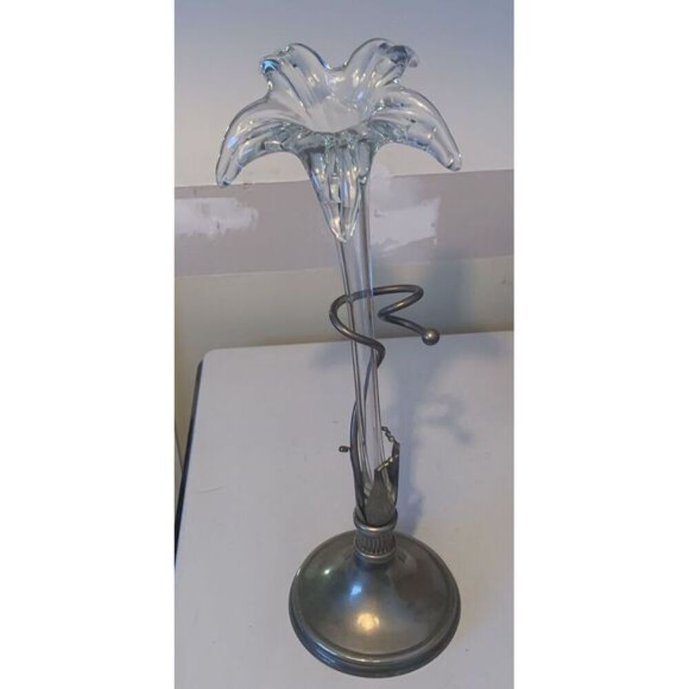 Vintage Blown Glass Lily Vase Art In Silver Tone Base Mid century